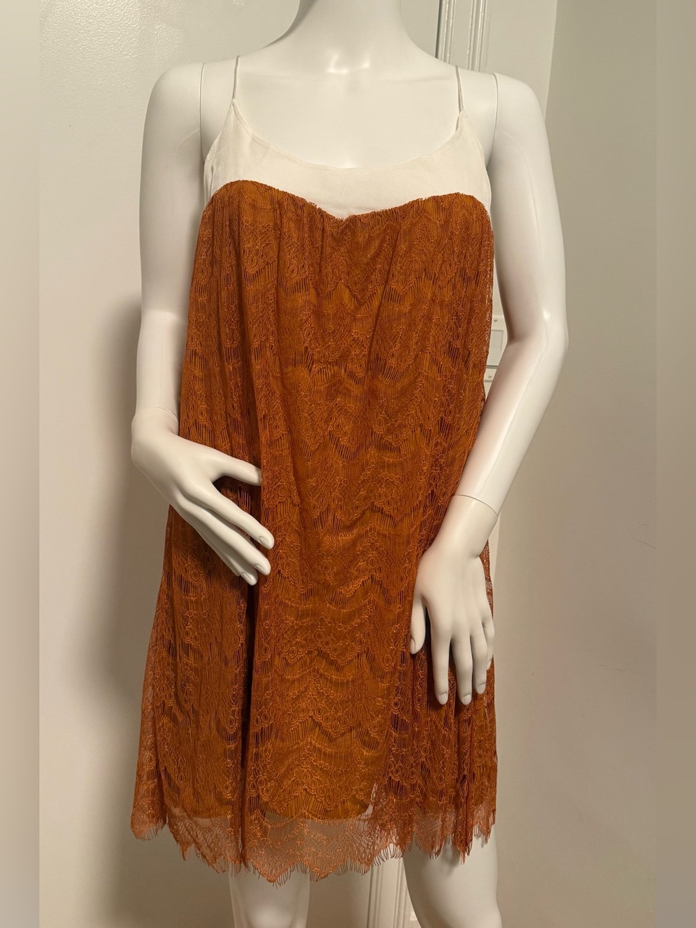 Vintage! NWT Maurie & Eve Lace Slip Dress — Rust & Cream Spaghetti Strap Dress 8